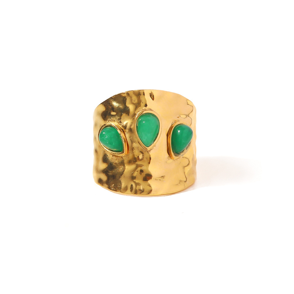 Green Natural Stone Gold Plated Cuff Ring