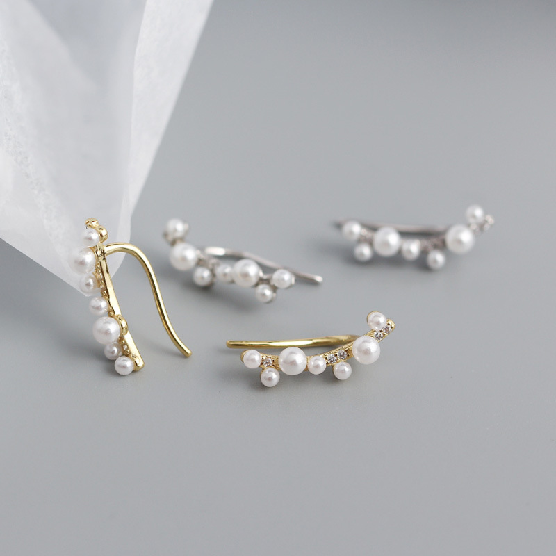 S925 Silver Geometric Imitation Pearl Earrings Flower Ear Clip With Setting Diamond