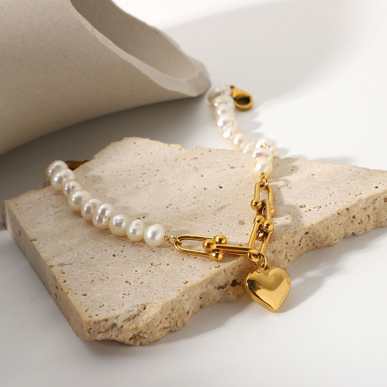 Stainless Steel Pearl Necklace Horseshoe Buckle Chain Bracelet